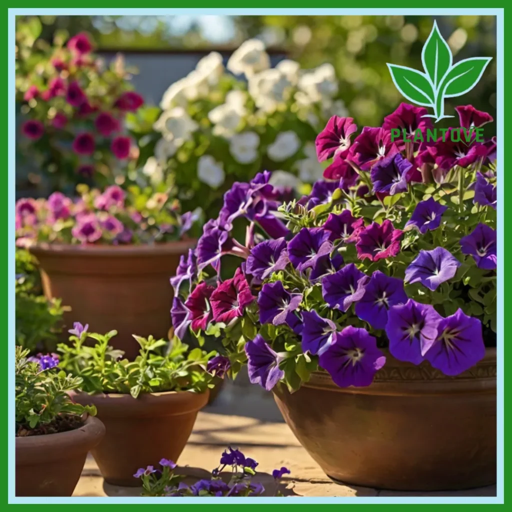 Colorful Supertunia flowers in vibrant shades of purple, pink, and white displayed in terracotta pots on a sunny patio