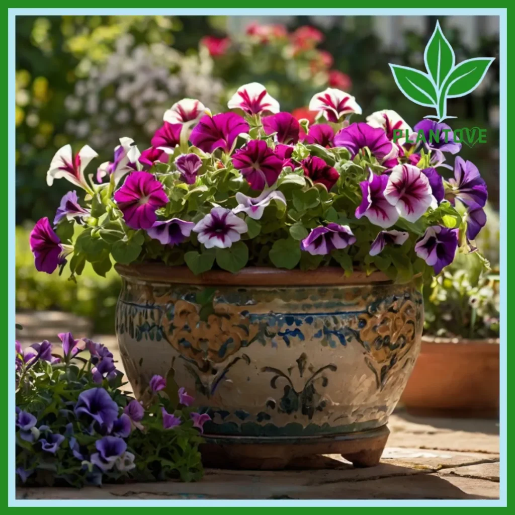 Beautiful pink and purple Supertunia flowers in a decorative ceramic pot, enhancing a vibrant garden setting.