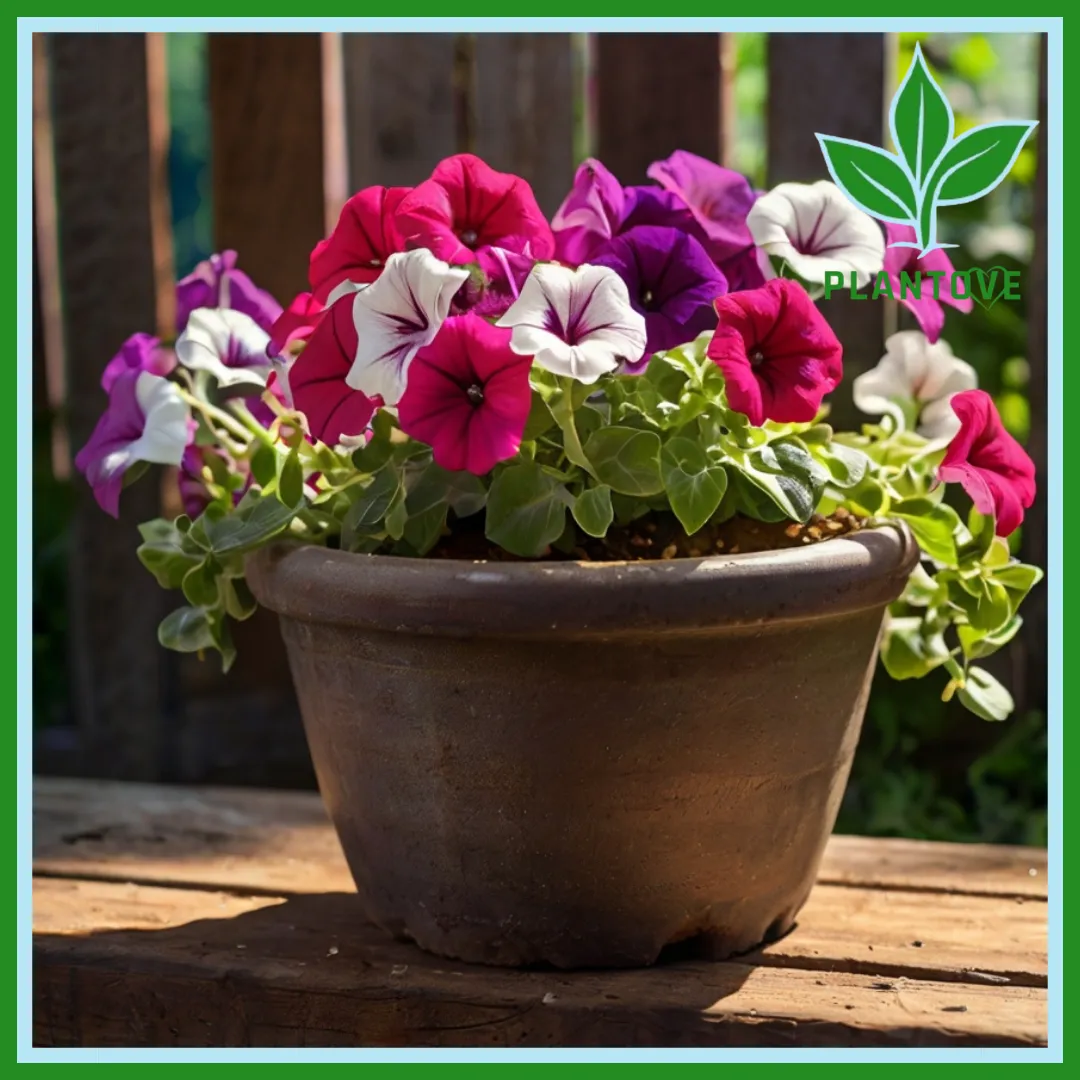 Vibrant colorful Supertunia flowers blooming in a garden, showcasing their lush foliage and cascading growth habit.